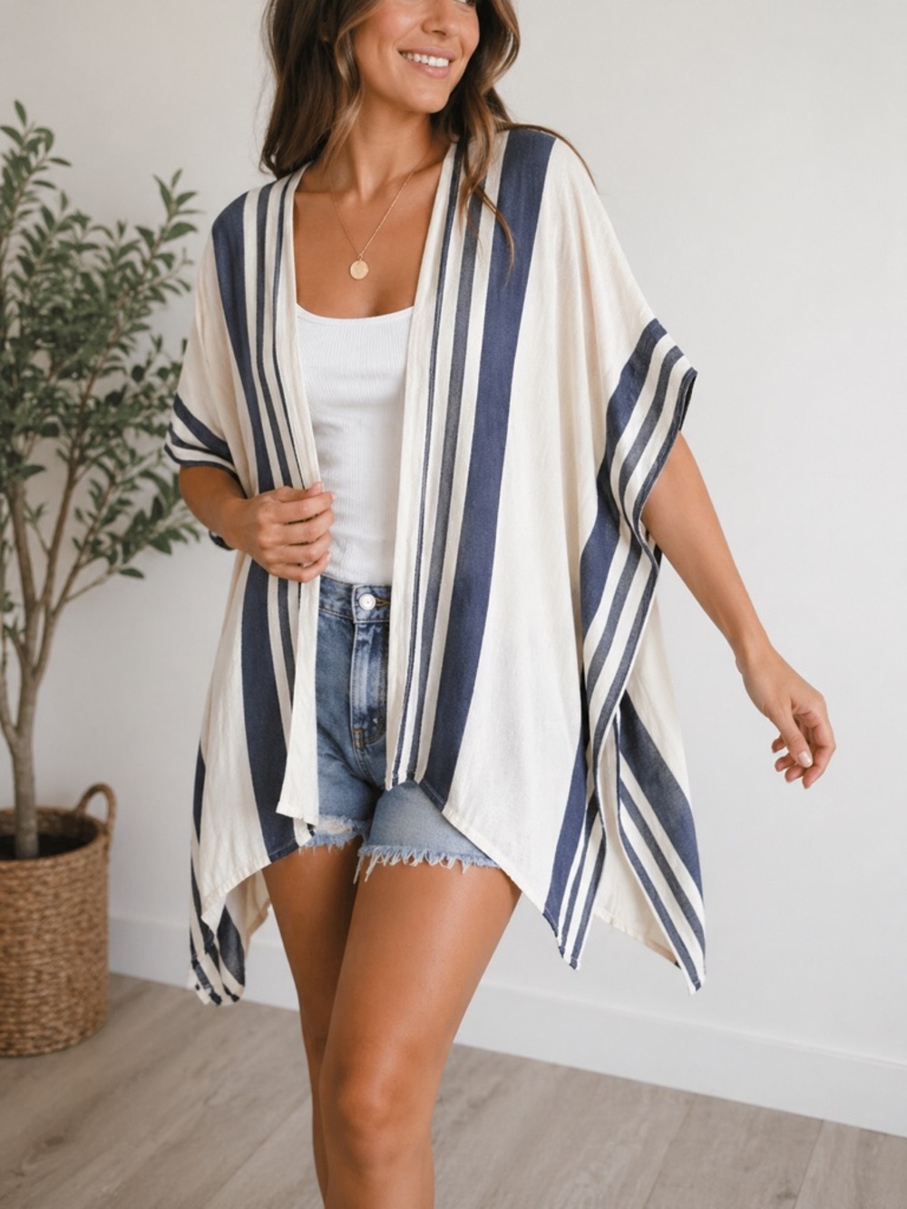 Coastal Striped Cover Up Topper Kimono Open Front Lightweight Angie OS